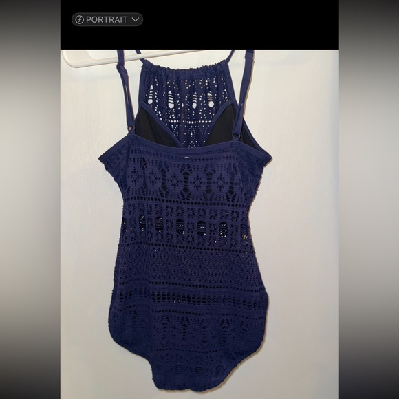 Aqua Green Crochet High Neck One-
piece Navy Swimsuit size medium - Picture 6 of 11